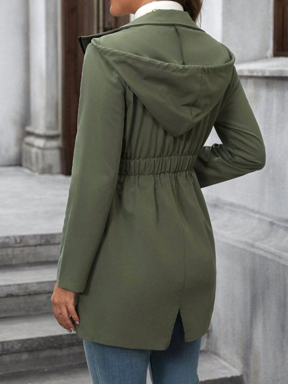 Army Green Casual Women's Drawstring Waist Long Sleeve Hooded Windbreaker - Picture 2 of 6